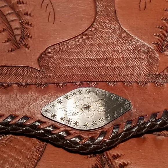 Handcrafted Hand Tooled Leather Clutch Chestnut Brown Tropical Leaf Design - Picture 10 of 13